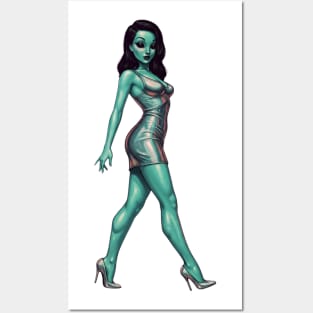 Alien Pinup in Tight Silver Dress Posters and Art